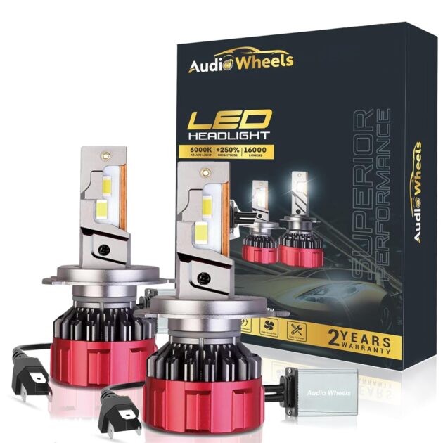 Audio Wheels H4-110W Car Led Headlight Bulbs, 16,000 Lumens Super Bright LED Headlight Conversion Kit for Cars 6000K Cool White Quick Installation Halogen Replacement, Pack of 2 (H4-110W)