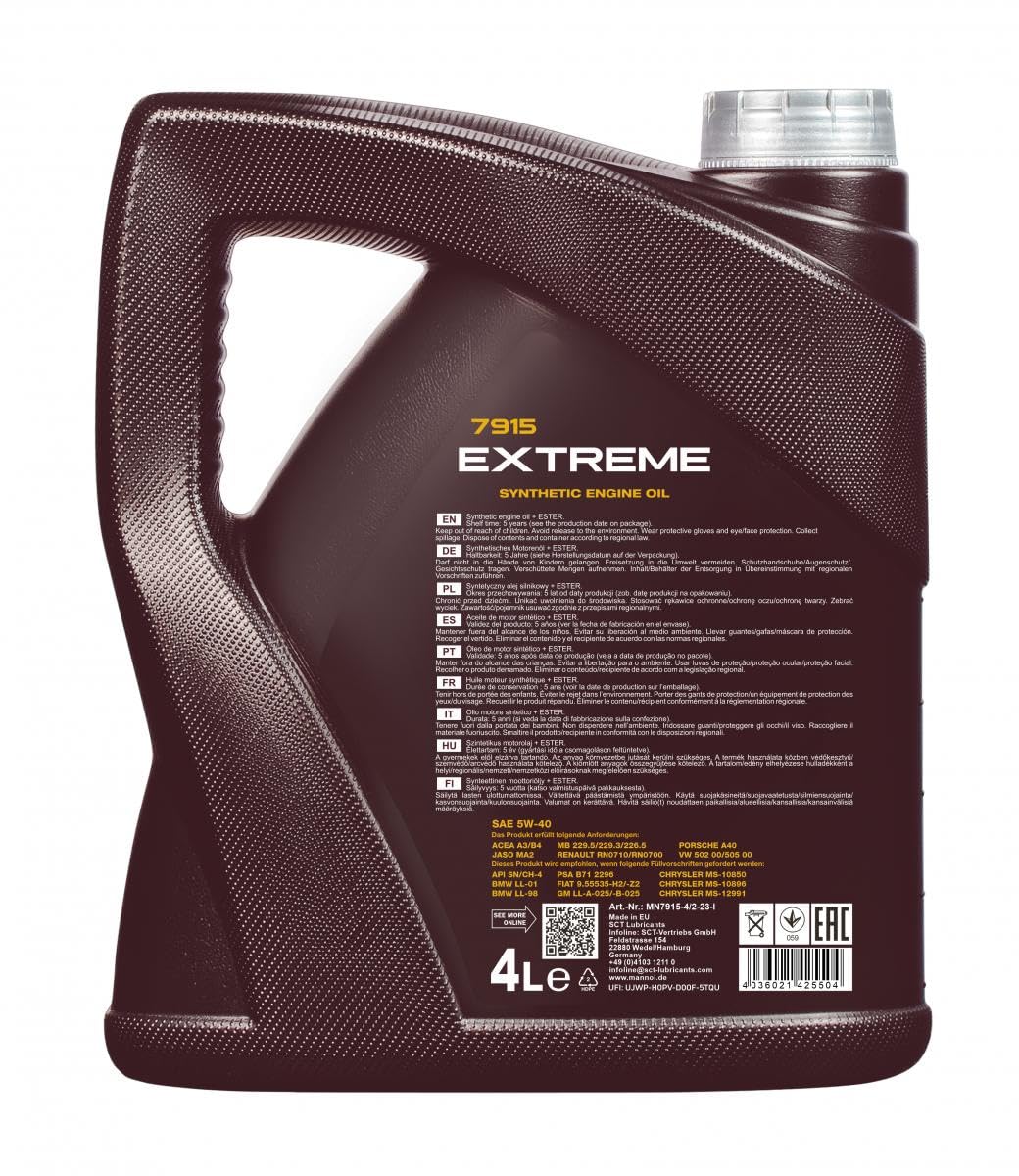 MANNOL 7915 EXTREME (4L) FULLY SYNTHETIC ESTER ENGINE OIL SAE 5W-40 API SN/CH-4 ACEA A3/B4 IMPORTED FROM GERMANY 4 LITRES - Image 2