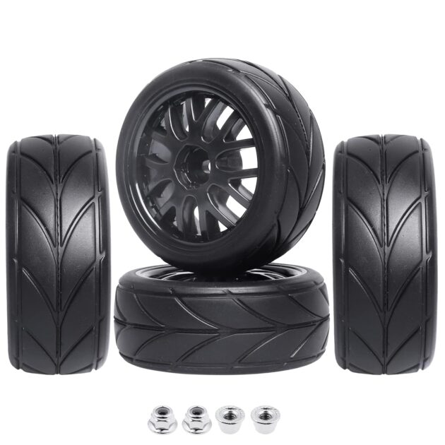 GoHobby 12mm Hex 1/10 On Road Wheels and Tires Soft with Foam Inserts for RC Touring Car Traxxas 4tec 2.0 Tamiya TT02 TT01 Drift, Set of 4